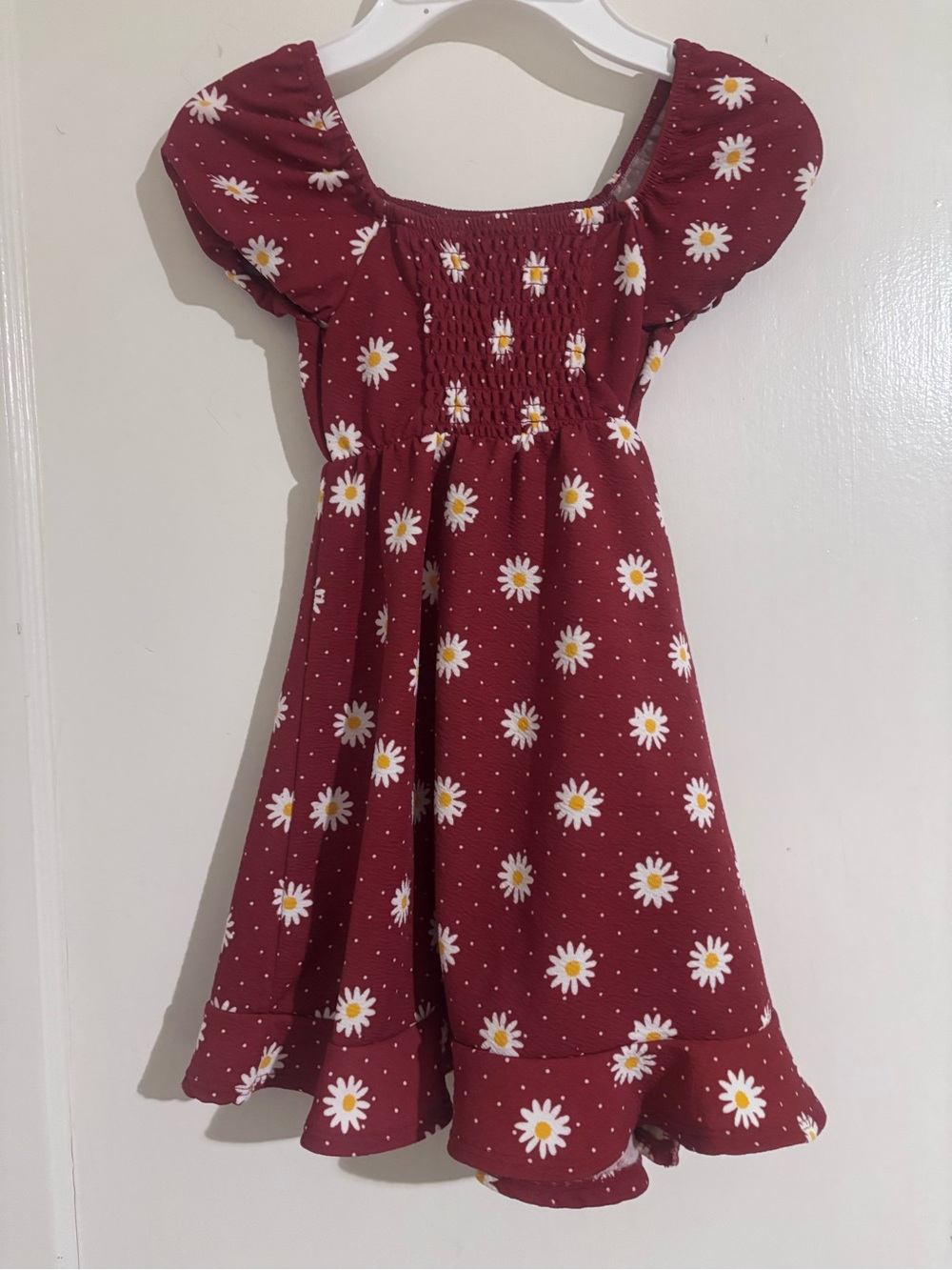 Girls Burgundy Daisy Smocked Casual Dress